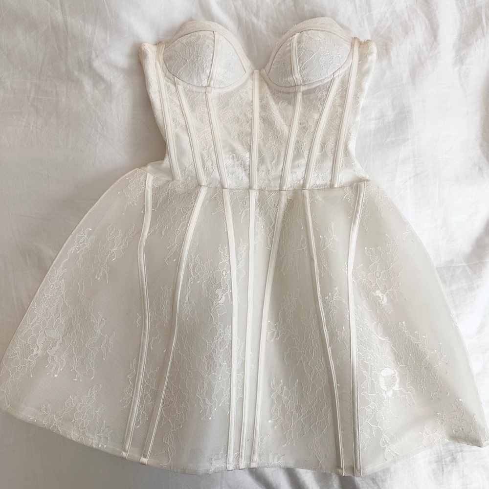WHITE STRAPLESS LACE CORSET BUSTIER A-LINE MINI DRESS XXS